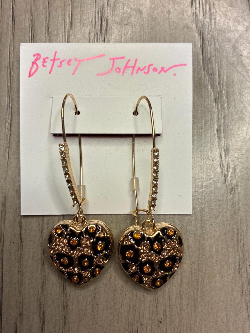 Betsey Johnson Gold Heart Drop Earrings with Black Enamel and Amber Accents